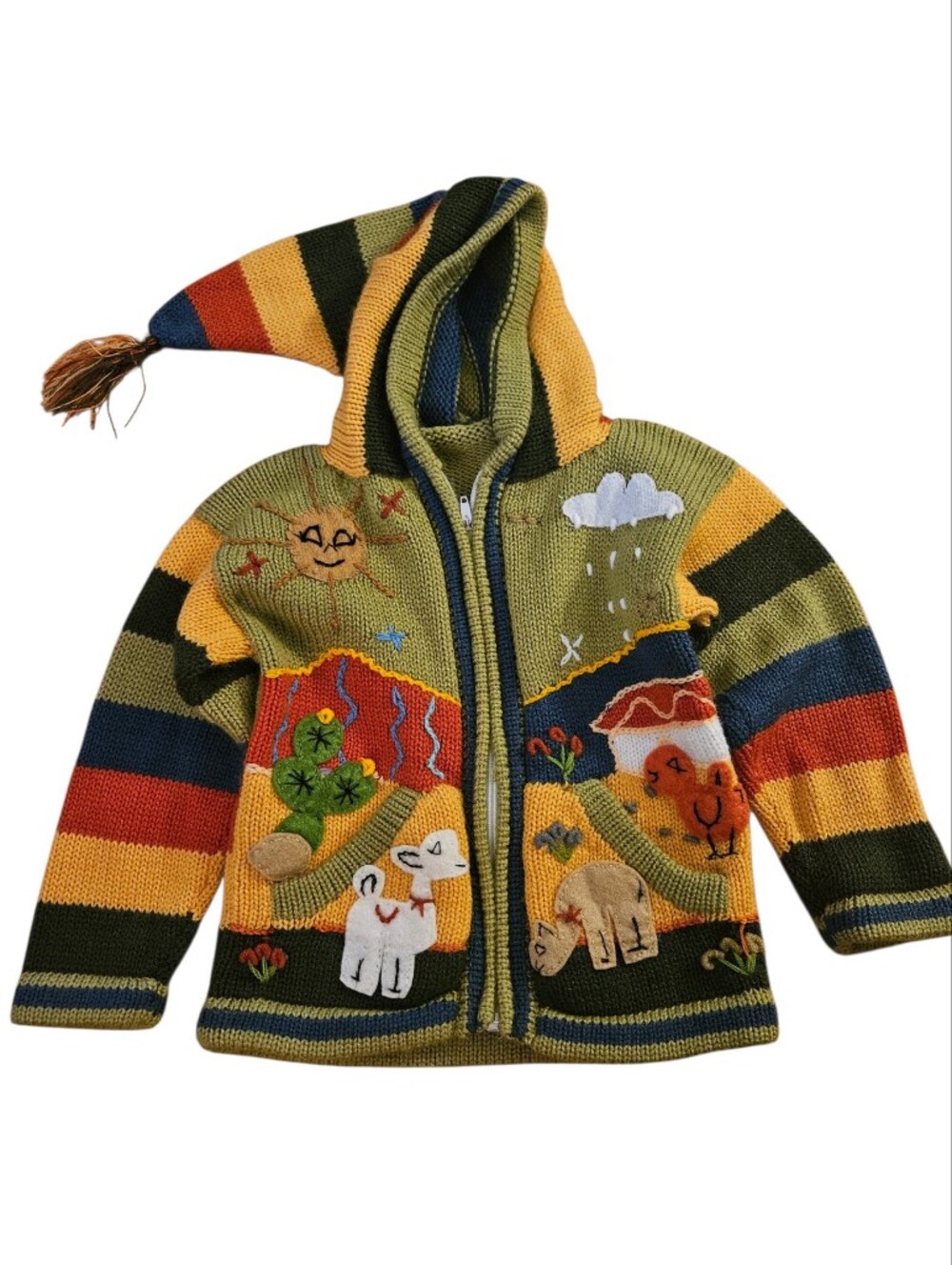 HandmadecGreen Striped Hooded Zip-Up Kids Knit Sweater Animal Appliqués Sz 2T/3T